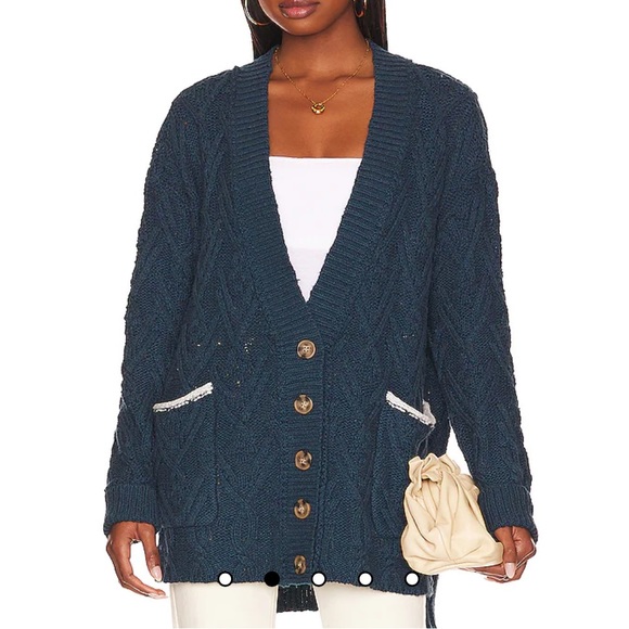 Free People Montana Cable Knit Cardigan in Varsity Navy Blue - Picture 2 of 7